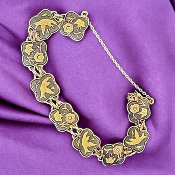 Damascene Bracelet, Toledo Spain, Birds & Flowers Design, Vintage Gold & Black - Picture 1 of 5